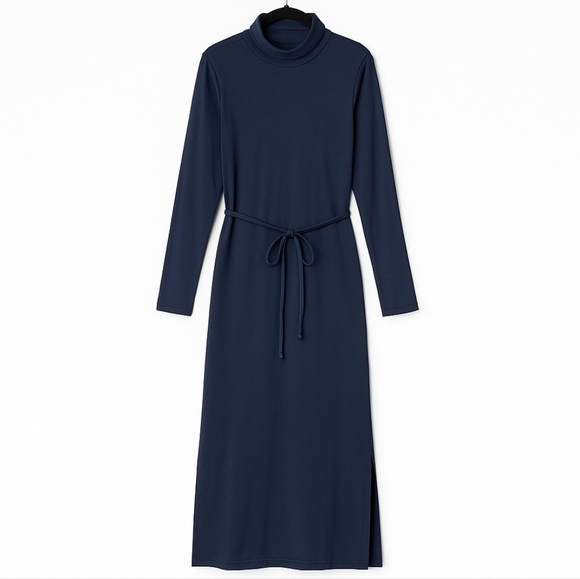 Garnet Hill Turtleneck Preppy Fall Work Casual Knit Midi Dress Navy Blue Medium - Picture 2 of 12